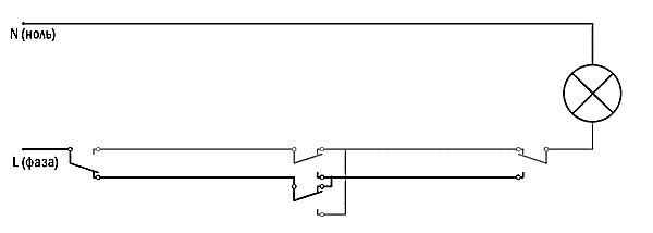 Схема проходного выключателя с двумя точками управления